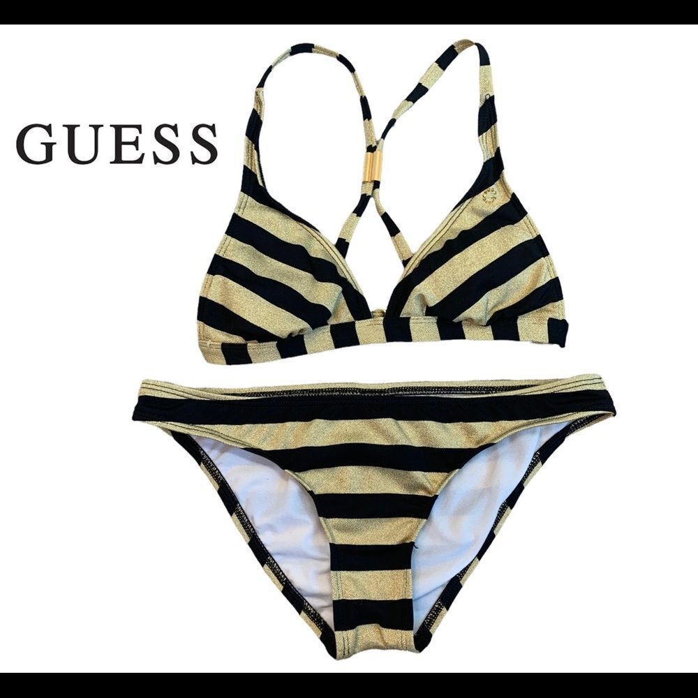 Guess gold glitter and black striped bikini Sz S